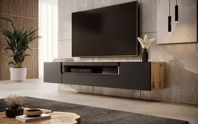 Meubella - TV-Meubel Dylan - Mat zwart - Eiken - 200 cm
