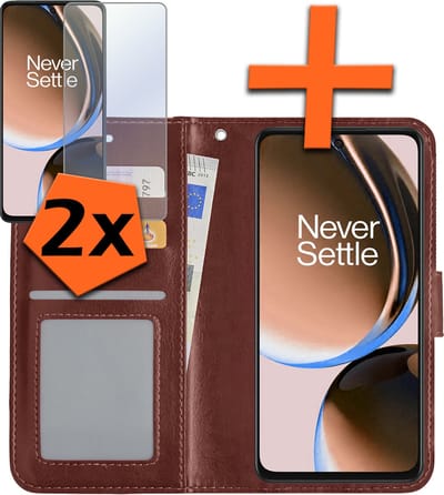 Hoes - Met 2x Screenprotector - Geschikt voor OnePlus Nord CE 3 Lite - Luxe Pasjeshouder - Bookcase Portemonee - Flip Case - Kunstleer Book Case - Flipcase Hoes - Book Cover - Walletcase - PortemonneeHoes - Bruin