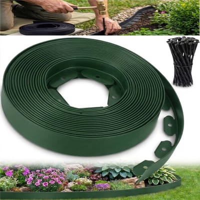 Flexibele tuinrand van 10 m – Robuust kunststof (5 mm dik) – L-vormige afscheiding (voor gras, grind, wortels en als opsluitrand) – Geschikt voor gazons, opritten, bloembedden en boomspiegels – 60 grondpennen voor eenvoudige montage