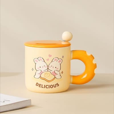 Schattige Konijn Keramische Kop Brood Mok Hoog Uitziende Kop met Deksel Lepel Kantoor Koffiekop Thuis Meisje 401-500ml