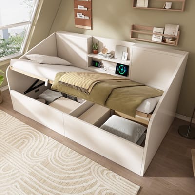 Eenpersoonsbed 90x190 cm - met 2 opbergrekken - met USB/Type-C oplaadstation - wit - zonder matras