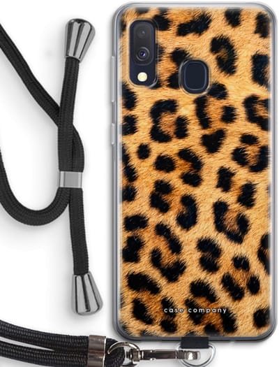Case Company® - Hoesje met koord geschikt voor Samsung Galaxy A40 hoesje met Koord - Luipaard - Telefoonhoesje met Zwart Koord - Bescherming aan alle Kanten en Over de Schermrand