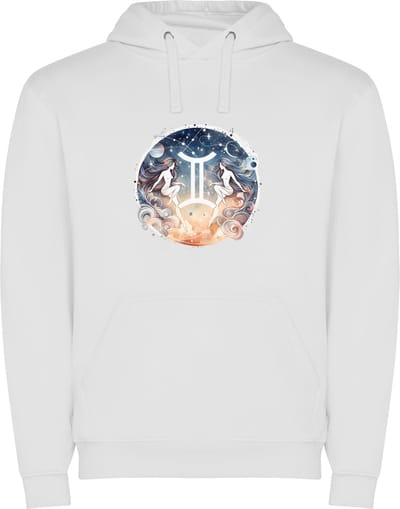 Witte unisex hoodie met “ Kleurrijke Sterrenbeeld Tweeling – Astrologie – Horoscoop – Zodiac Signs “ Print Full Color Color merk Roly maat S
