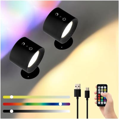 LED-nachtlampje - Slimme magnetische wandlamp met afstandsbediening - Dimbaar magnetisch 360° draaibaar USB-oplaadbaar LED-lampje - Verkrijgbaar in 3 kleurenschema's en 7 kleuren - Instelbare verlichting ( Twee zwarte )