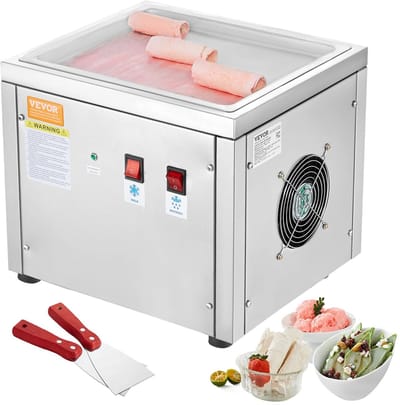 Novendo Goods - Gebakken ijs rolmachine met compressor 500W - RVS Rolled ice maker 280×240 mm plaat - Snelle koeling binnen 3 min - Stille werking <60 dB - Inclusief schrapers voor ijs en frozen yoghurt