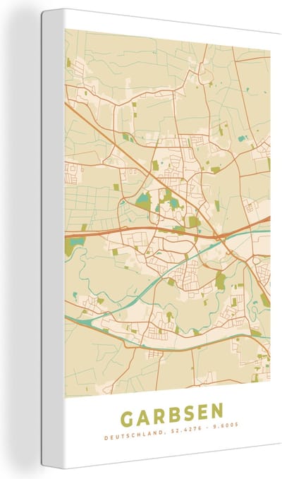 Canvas Schilderij Kaart - Garbsen - Vintage- Stadskaart - Plattegrond - 20x30 cm - Wanddecoratie