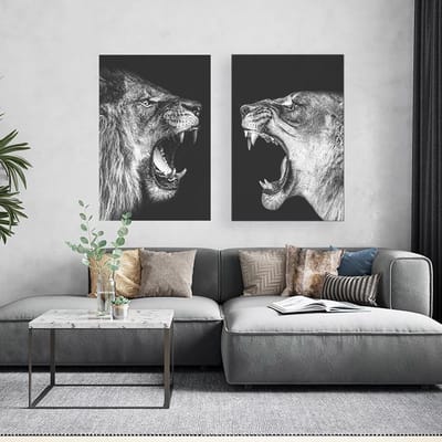 Modern Schilderij Woonkamer - Leeuw en Leeuwin - zwart wit - Canvas tweeluik - 50 x 70 cm - PosterGuru