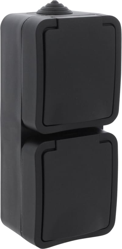 Q-LINK - Wandcontactdoos - Buitenstopcontact - Opbouw - Verticaal - Dubbel Stopcontact - Spatwaterdicht IP54 - Randaarde - Kinderbeveiliging - Mat Zwart