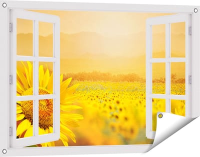 Gards Tuinposter Doorkijk Zonnebloemen Veld met Zonopkomst - 90x60 cm - Tuindoek - Tuindecoratie - Wanddecoratie buiten - Tuinschilderij