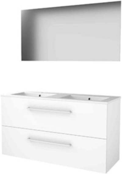 Basic-Line Ultimate 46 Badkamermeubelset - 120 x 46 cm - Met Grepen - 2 Lades - Keramische Wastafel - 2 Kraangaten - Spiegel met Indirecte LED Verlichting - Ice White