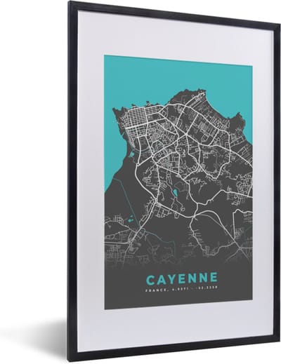 Fotolijst incl. Poster - Frankrijk - Plattegrond - Kaart - Stadskaart - Cayenne - 40x60 cm - Posterlijst