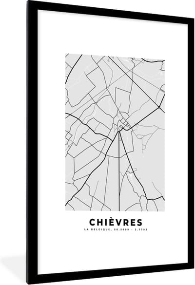 Fotolijst incl. Poster Zwart Wit- Stadskaart – Zwart Wit - Kaart – Chièvres – België – Plattegrond - 60x90 cm - Posterlijst