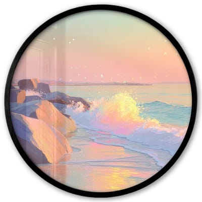 Poster in lijst Rond - Fotolijst 40x40 cm - Posters - Zomerlicht - Strand - Fonkelende accenten - Ronde posterlijst zwart - Decoratie - Wanddecoratie woonkamer - Muurdecoratie slaapkamer