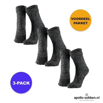Apollo - Wollen Huissokken Unisex - 3-Pack Voordeel - Zwart - Maat 39/42 - Huissokken - Wintersokken antislip