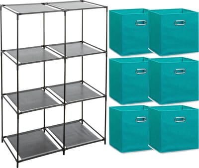Zeller Kastmandjes/opberg manden - aqua groen/blauw - 6x stuks van 29L - Metalen rekje is 68 x 98 cm