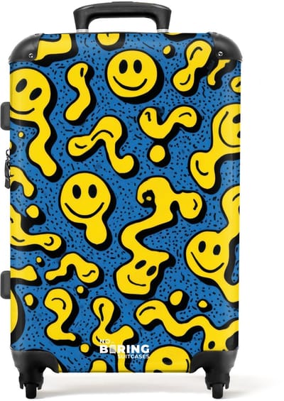 NoBoringSuitcases.com - Grote koffer - Vloeiende smiley's op een blauwe achtergrond - Kinderkoffer geschikt voor jongen en meisjes - Reiskoffer met 4 wielen - Trolley op wieltjes - Rolkoffer groot kinderen - 72 liter - Ruimbagage valies 20kg