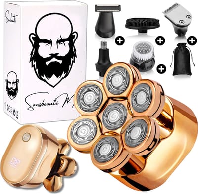 6-in-1 Scheerapparaat Mannen – Trimmer - Sansbeauté® SkullSharp V1 | 7 Head - Nat & Droog - Electric Face Head & Hair Shaver – Hoofd Kaal Scheren - Opzetstukken - Elektrisch