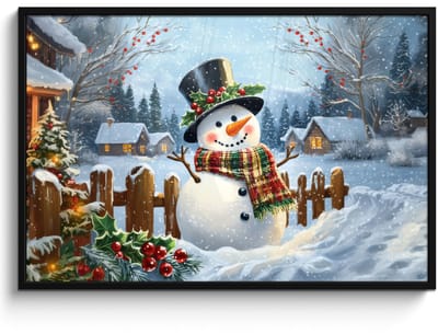 Poster in lijst - Fotolijst 120x80 cm - Posters - Sneeuwpop - Winterdorp - Kleurrijk - Posterlijst zwart - Decoratie - Wanddecoratie woonkamer - Muurdecoratie slaapkamer