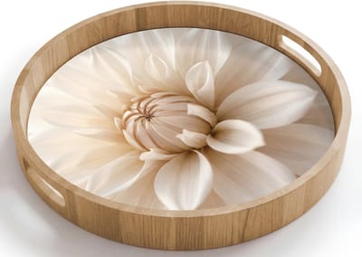 Dienblad rond 40x40 cm - Schootdienblad hout - Bloem - Dahlia - Wit - Borrelplank rechthoek - Plateau houten dienbladen