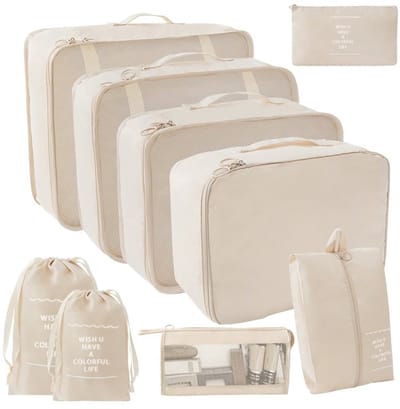 Koffer organizer set-koffer organizer-koffer organizer set compressie-bagage-opbergset - Multifunctionele opbergzakken - Waterdicht - Geschikt voor kleding, schoenen, cosmetica, reizen - Beige - 9 stuks