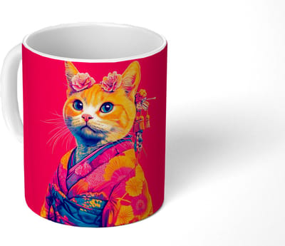 Mok - Koffiemok - Kat - Kimono - Bloemen - Roze - Mokken - 350 ML - Beker - Koffiemokken - Theemok