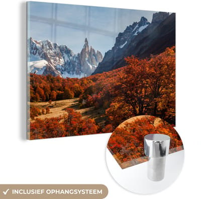 ® Glasschilderij 180x120 cm - Schilderij acrylglas - Het prachtige landschap van de Cerro Chaltén tijdens de herfst - Foto op glas - Muurdecoratie woonkamer - Wanddecoratie slaapkamer - Schilderijen