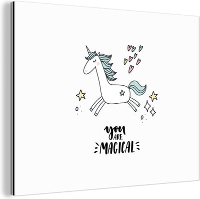 Wanddecoratie Metaal - Aluminium Schilderij Industrieel - Unicorn - Kinderen - Quotes - You are magical - Meisjes - 80x60 cm - Dibond - Foto op aluminium - Industriële muurdecoratie - Voor de woonkamer/slaapkamer