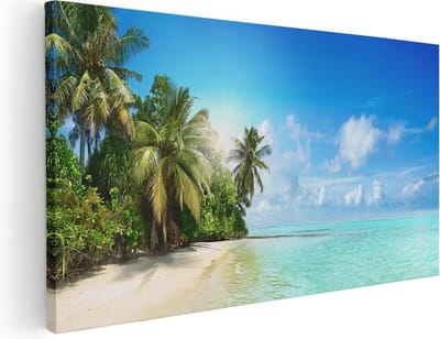 Artaza Canvas Schilderij Strand - 40x20 cm - Klein - Wanddecoratie Zee - Muurdecoratie Tropisch Eiland - Schilderijen Op Canvas Palmbomen
