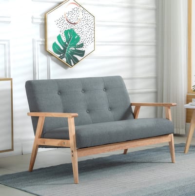 MEUNIQ 2-zits zitbank 115 x 66,5 x 73 cm met linnen-look bekleding, houten frame en armleuningen, geknoopte rugleuning, voor woonkamer in donkergrijs