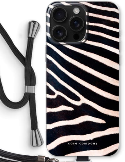 Case Company® - Hoesje met koord geschikt voor iPhone 16 Pro Max hoesje met Koord - Zebra - Telefoonhoesje met Zwart Koord - Bescherming aan alle Kanten en Over de Schermrand