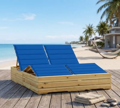 Luxe Dubbele Houten Zonneligstoel met Verstelbare Rugleuningen en Koninklijk Blauwe Kussens 200x120x65 cm – Weerbestendige Grenen Tuinligstoel voor 2 Personen – Casa Dorada
