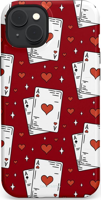 Casetastic hoesje geschikt voor Apple iPhone 15 Plus - MagSafe - Dubbellaagse bescherming - Kaarten Aas - Fashion Case - Bordeaux Wit Zilver