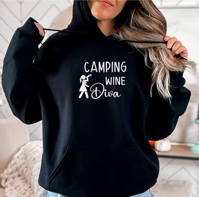 Dames hoodie Camping Wine diva maat L -Zwarte hoodie