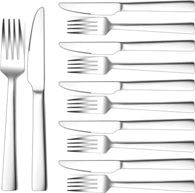 Steakbestek, 12-delig, roestvrij staal, steakbestek, set voor 6 personen, zilveren steakmessen en steakvorken, hoogwaardige vorkset voor pizza/steak, roestvrij en vaatwasmachinebestendig