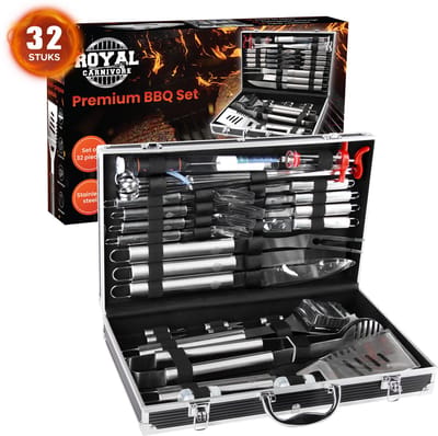 ROYAL CARNIVORE® - BBQ Accesoires Set 32-Delig - BBQ Gereedschap RVS - BBQ Tang - Kamado Accesoires - BBQ Set in Geschenkdoos