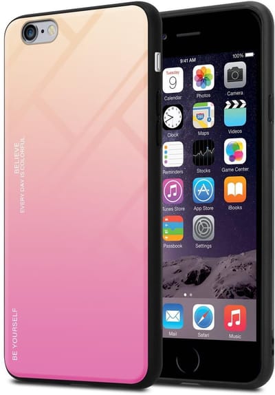 Cadorabo Hoesje geschikt voor Apple iPhone 6 PLUS / 6S PLUS in GEEL - ROZE - Tweekleurige beschermhoes van TPU-silicone Case Cover en achterzijde van gehard glas