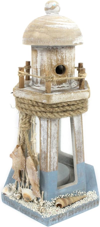 Maritieme decoratie beeldje Vuurtoren theelichthouder - Hout - 21 cm - blauw/wit