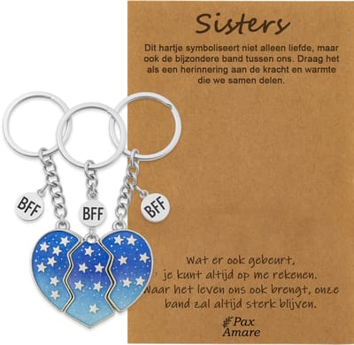 BFF Sleutelhanger voor 3 'Sisters' - Magnetisch Blauw Hartje - Sleutelhangers op Cadeau Kaartje - Zilverkleurig - Vriendschap Symbool - Pax Amare