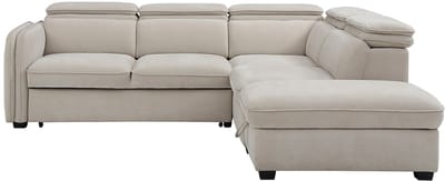 Vente-unique Slaapbank met hoek rechts en poef in beige stof - BALOTIA