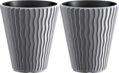 Prosperplast Plantenpot/bloempot Sand Waves - 2x - buiten/binnen - kunststof - steengrijs - D39 x H43 cm - met binnenpot