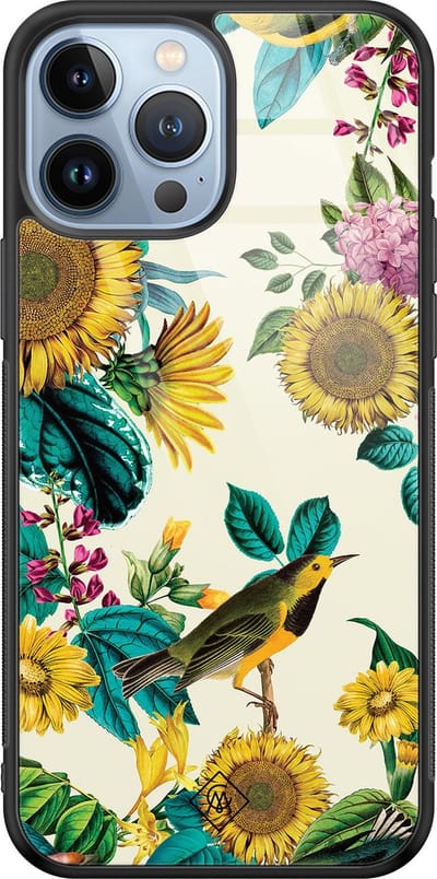 Casimoda® hoesje - Geschikt voor iPhone 13 Pro Max - Zonnebloemen / Bloemen - Luxe Hard Case Zwart - Backcover telefoonhoesje - Geel