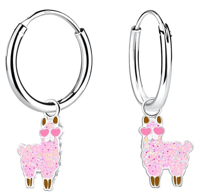 Joy|S - Zilveren alpaca lama bedel oorbellen - oorringen - roze met glitters en roze hartje bril - kinderoorbellen - sterling zilver 925