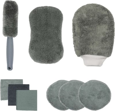 Intirilife 9-delige Autoverzorging Reinigingsset - Microvezel Doek, Waswant voor Auto Reiniging, Wasdoek, Reinigingsdoek, Verzorgingsset