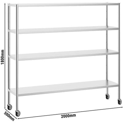 GGM Gastro Edelstahlregal PREMIUM - 2000x500mm - mit 4 Ablagen (VERSTELLBAR) - inkl. 4 Rollen Zilver