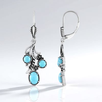 Cavill - Zilveren Oorbellen - 925 Sterling Zilver Geoxideerd - Turkoois Ovaal & Rond Cabochon 2,04 ct - Woestijnchic Zomerfestival Stijl Bloem Motief