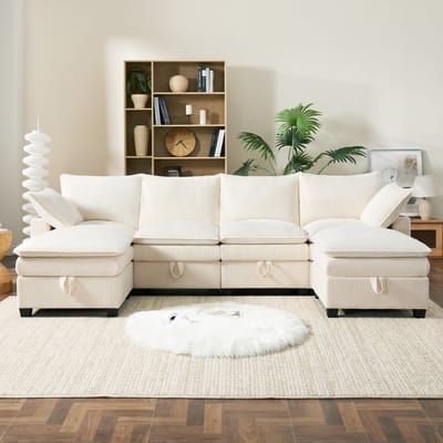 Pugsdrly - Hoekbank - L-vormig - Modern - Corduroy bekleding - Afneembare voetenbank - USB-aansluitingen - Opbergvakken - Bekerhouders - Modulair - Beige - Voor woonkamer, appartement en kleine ruimtes