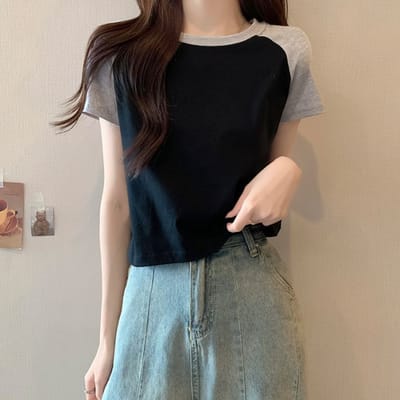 T-shirt d'été à manches courtes et col rond pour femme, coupe slim, style rétro contrasté, en coton XL black