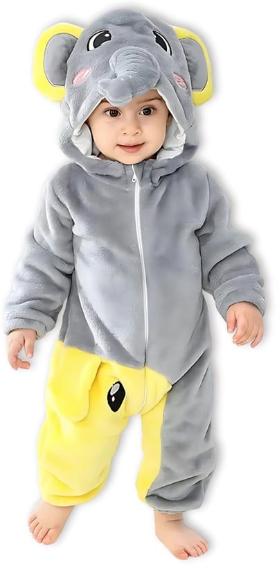 BoefieBoef Dieren Baby Onesie Peuter Pyjama Kinderen 2-4 jaar– Olifant – Verkleedkleding met Luierrits – Kerst Carnaval Dierenpak - , Kraamcadeau- Zacht Flanel - Romper - Boxpak - Jongens - Meisjes - Kruippak - Winterpak - grijs - elephant