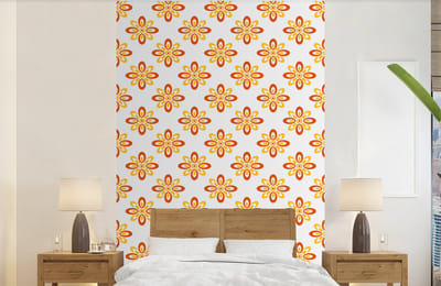 Behang - Fotobehang Patroon - Jaren 70 - Bloemen - Oranje - Breedte 140 cm x hoogte 220 cm