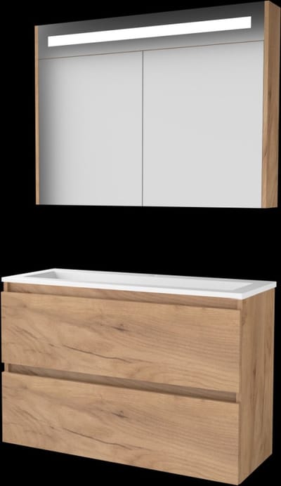 Basic Premium 39 badmeubelset met spiegelkast met geïntegreerde LED verlichting, greeploze wastafelonderkast met 2 lades en acryl wastafel met 1